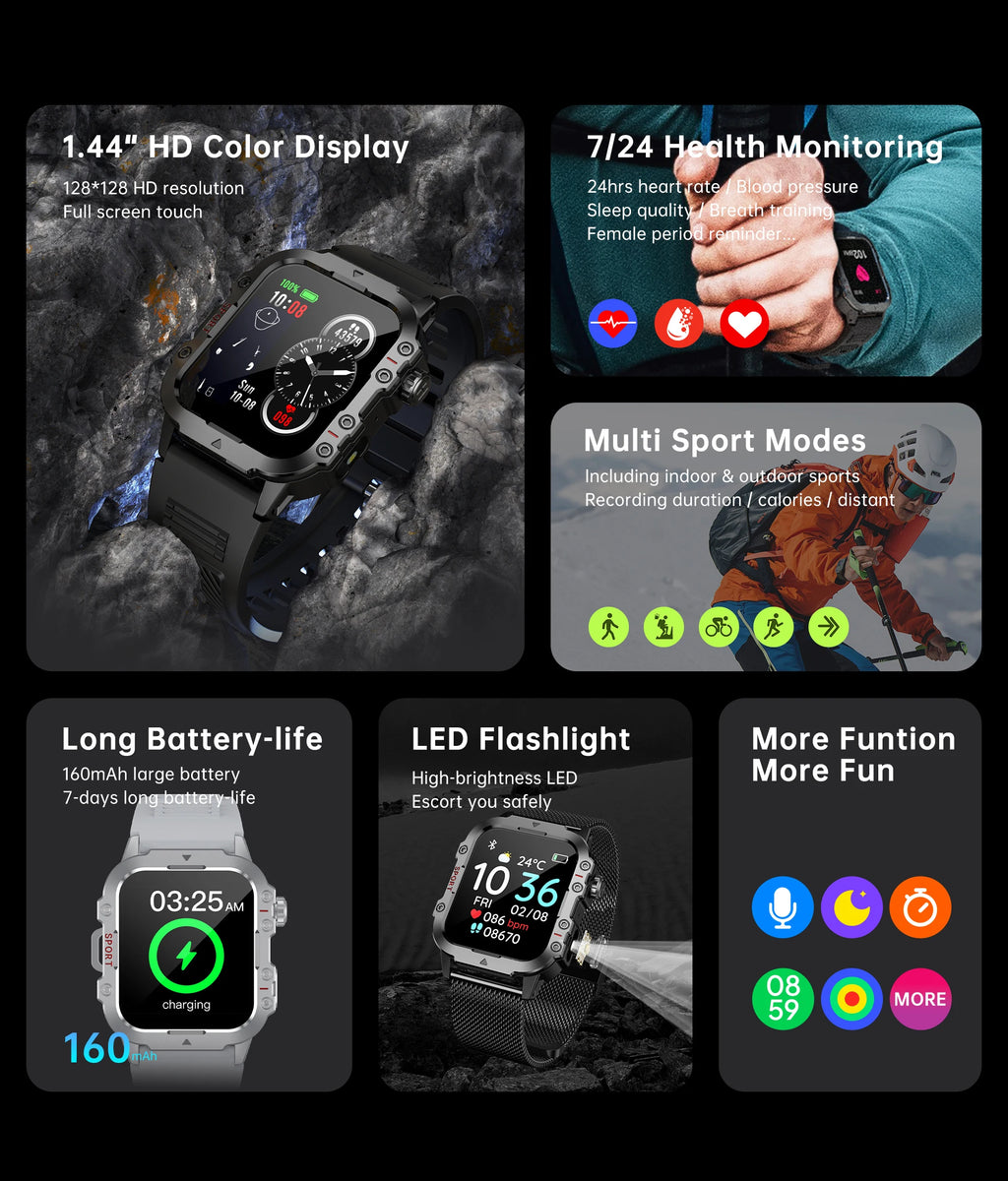 2026 New Military Smart Watch Men IP67 3ATM Outdoor